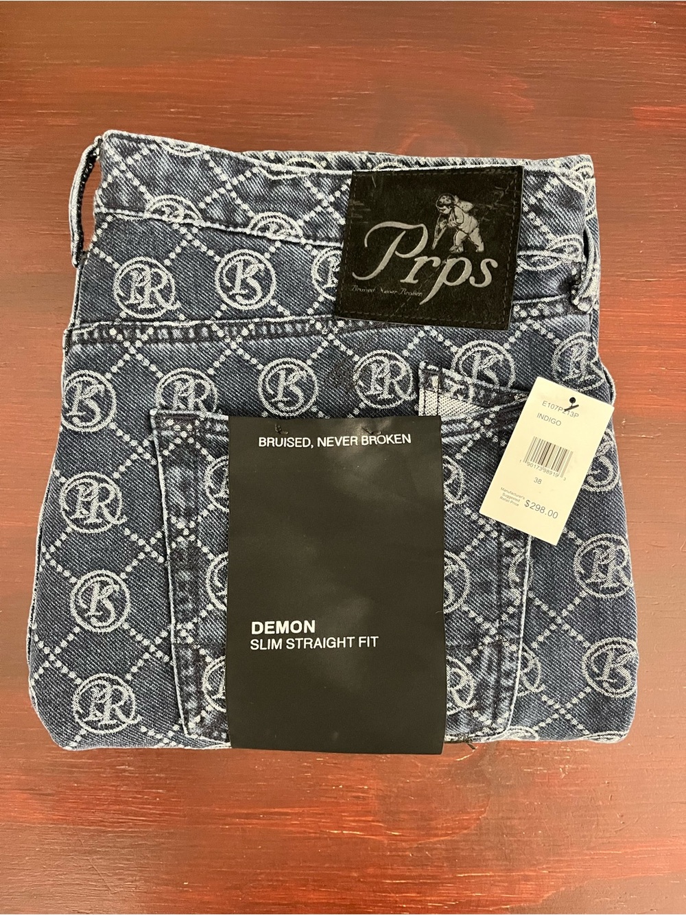 PRPS Demon Slim Straight Blue Monogram Japanese Denim Jeans Mens 38x34 $298